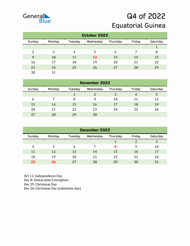 Quarterly Calendar 2022 with Equatorial Guinea Holidays