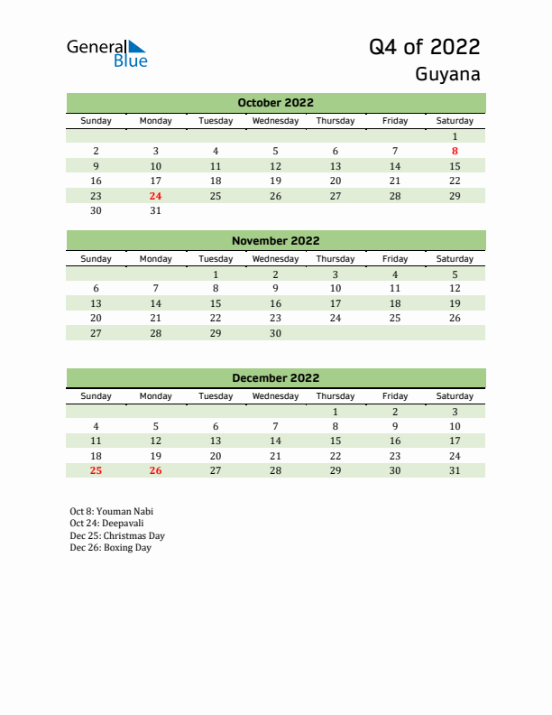 Quarterly Calendar 2022 with Guyana Holidays