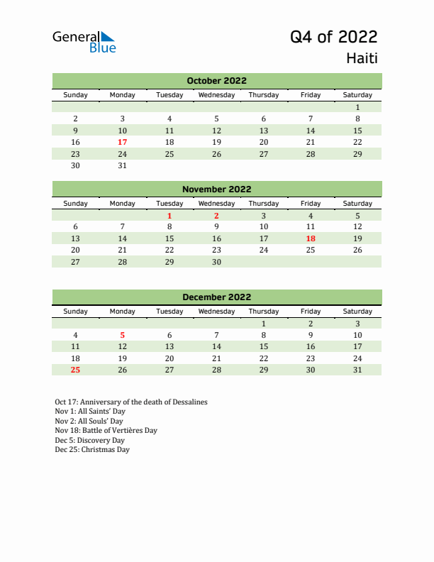 Quarterly Calendar 2022 with Haiti Holidays