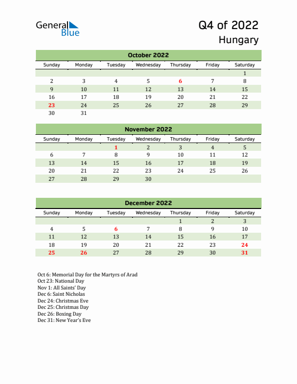 Quarterly Calendar 2022 with Hungary Holidays