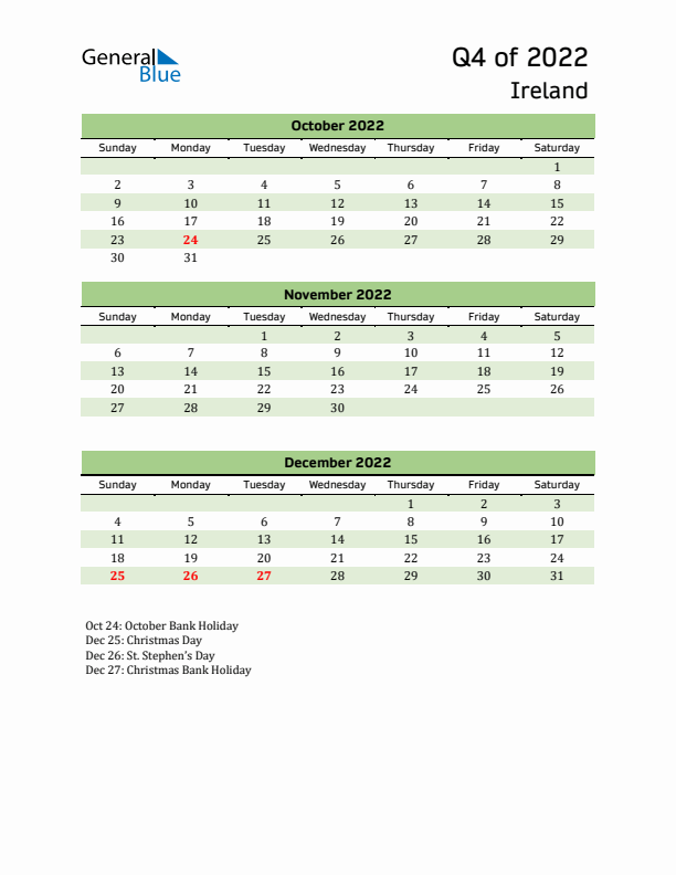 Quarterly Calendar 2022 with Ireland Holidays