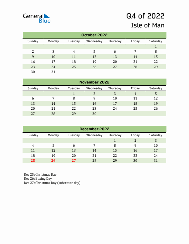 Quarterly Calendar 2022 with Isle of Man Holidays