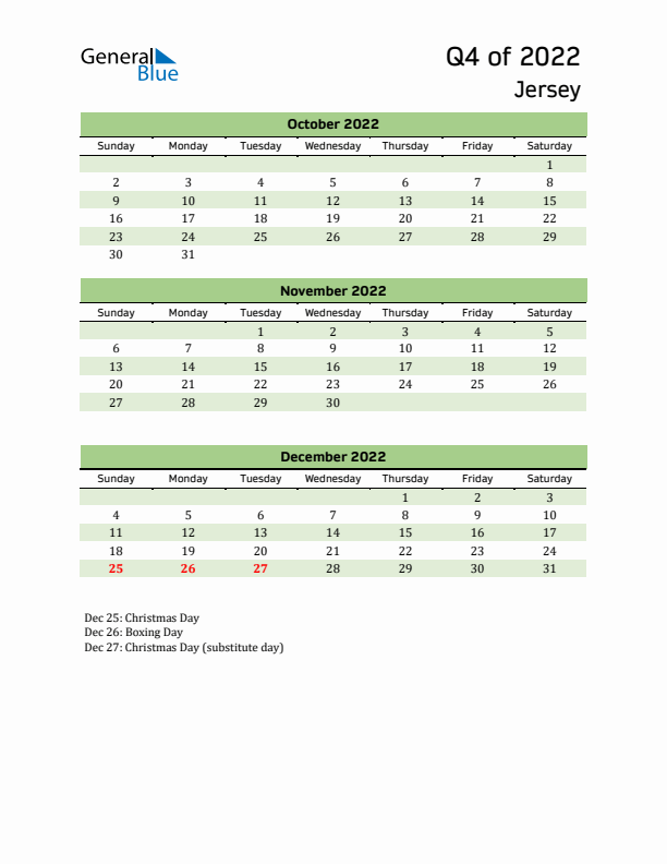 Quarterly Calendar 2022 with Jersey Holidays