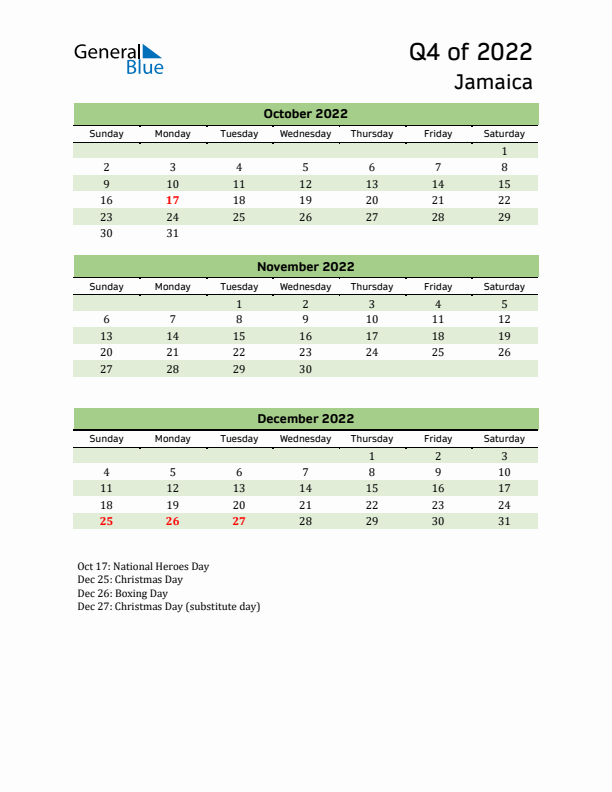 Quarterly Calendar 2022 with Jamaica Holidays