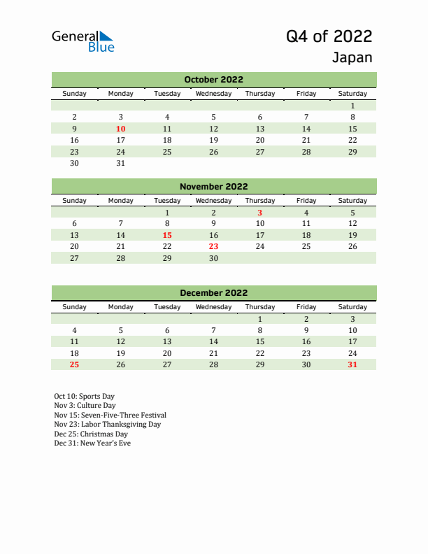 Quarterly Calendar 2022 with Japan Holidays