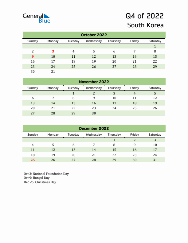 Quarterly Calendar 2022 with South Korea Holidays