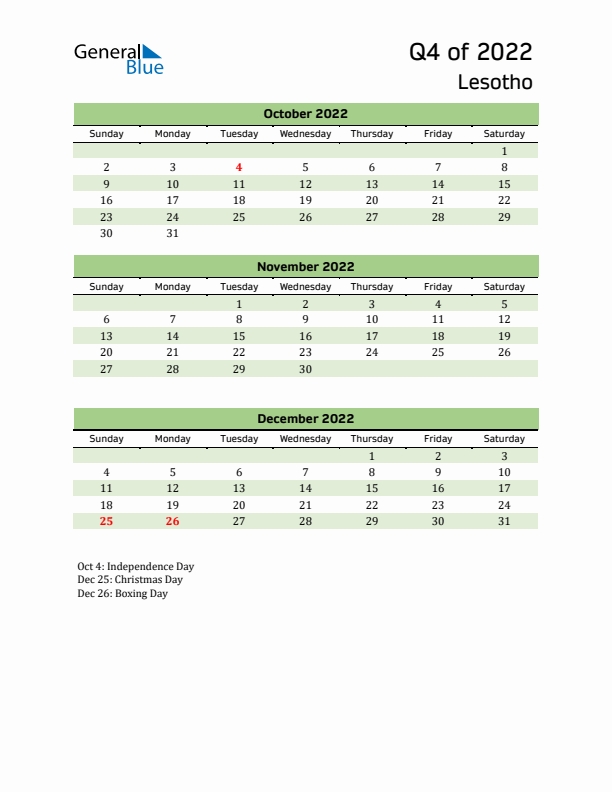 Quarterly Calendar 2022 with Lesotho Holidays