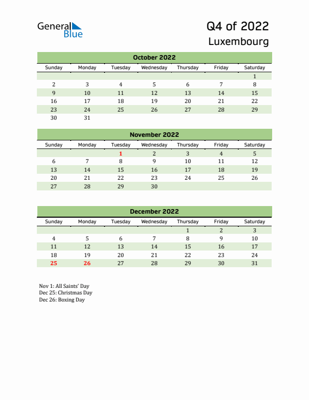 Quarterly Calendar 2022 with Luxembourg Holidays