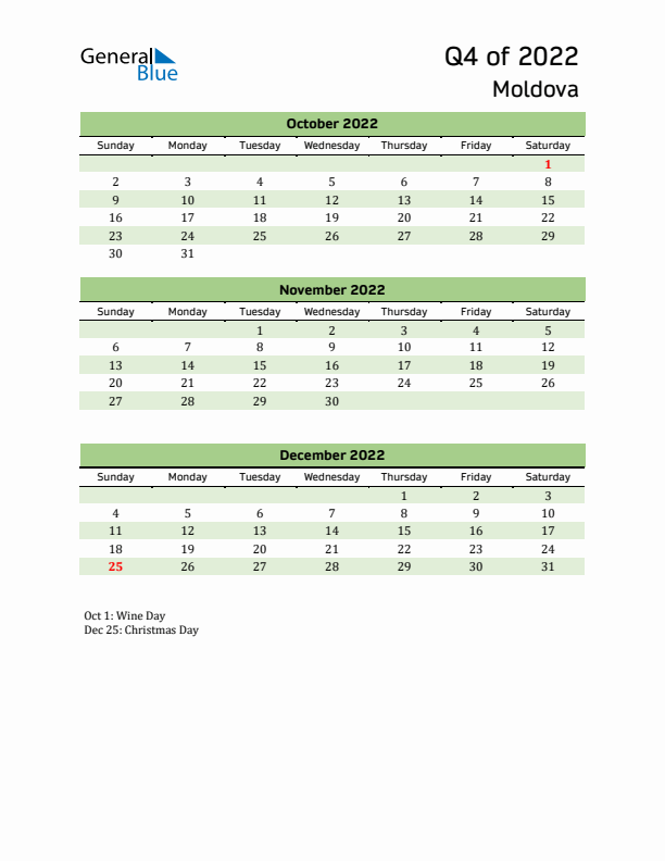 Quarterly Calendar 2022 with Moldova Holidays