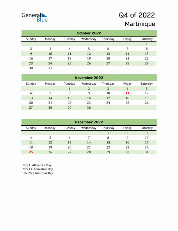 Quarterly Calendar 2022 with Martinique Holidays