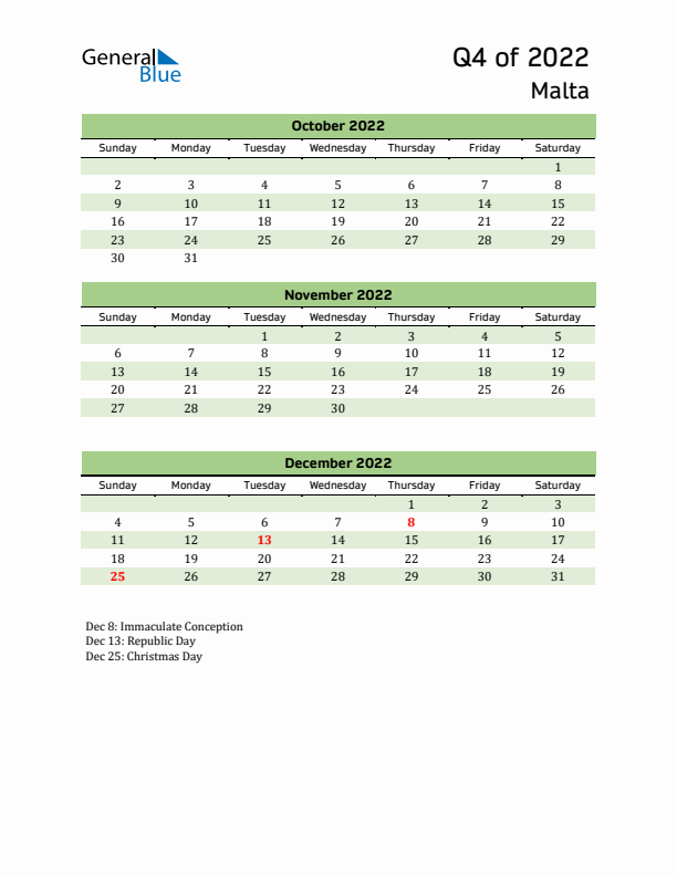 Quarterly Calendar 2022 with Malta Holidays