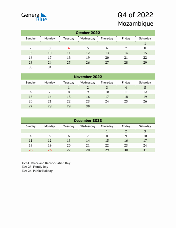 Quarterly Calendar 2022 with Mozambique Holidays