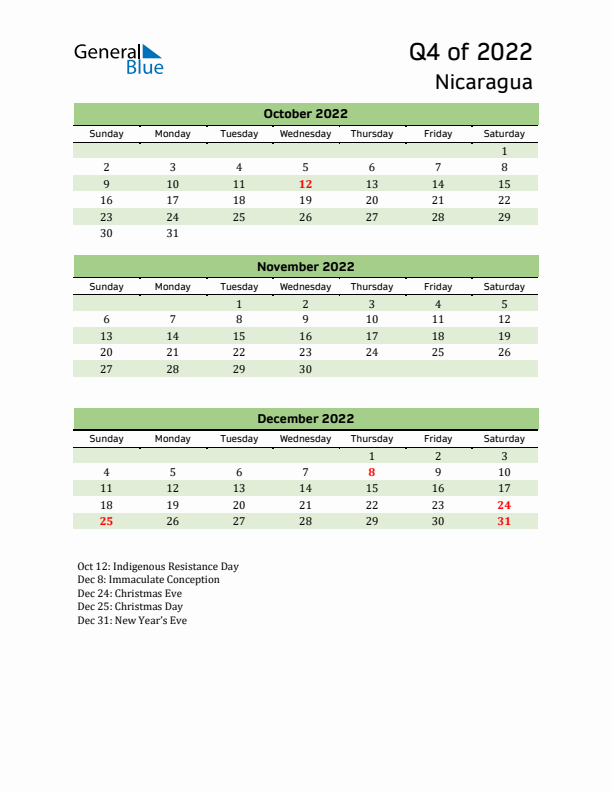 Quarterly Calendar 2022 with Nicaragua Holidays