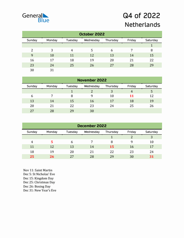 Quarterly Calendar 2022 with The Netherlands Holidays