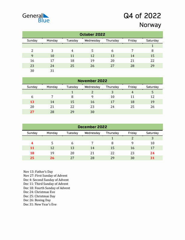 Quarterly Calendar 2022 with Norway Holidays