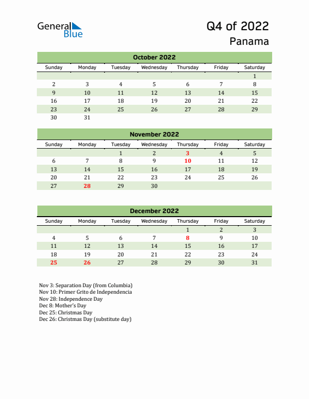 Quarterly Calendar 2022 with Panama Holidays