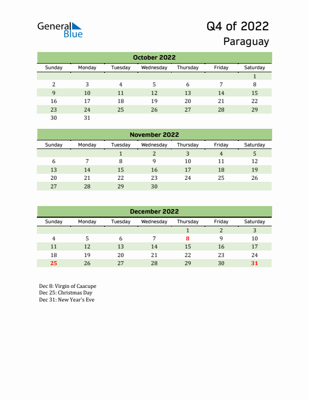 Quarterly Calendar 2022 with Paraguay Holidays