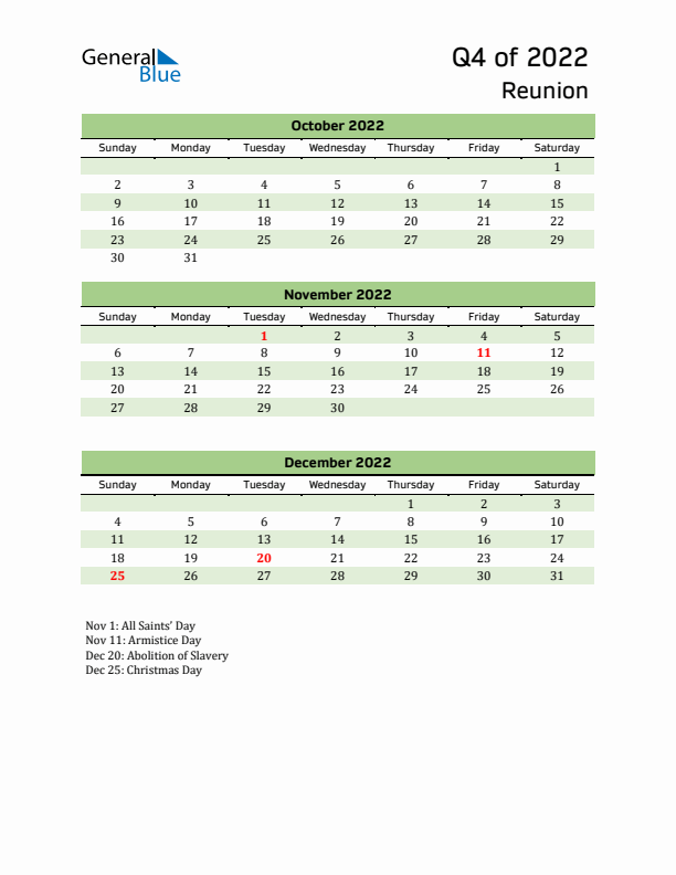 Quarterly Calendar 2022 with Reunion Holidays