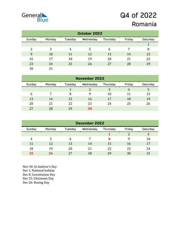 Quarterly Calendar 2022 with Romania Holidays