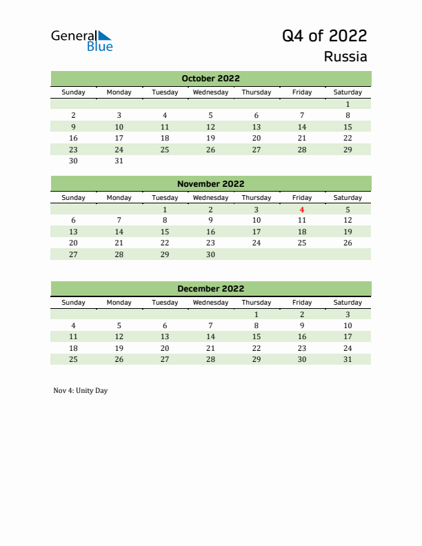 Quarterly Calendar 2022 with Russia Holidays