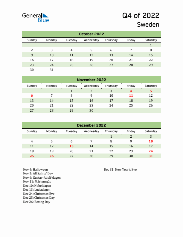 Quarterly Calendar 2022 with Sweden Holidays