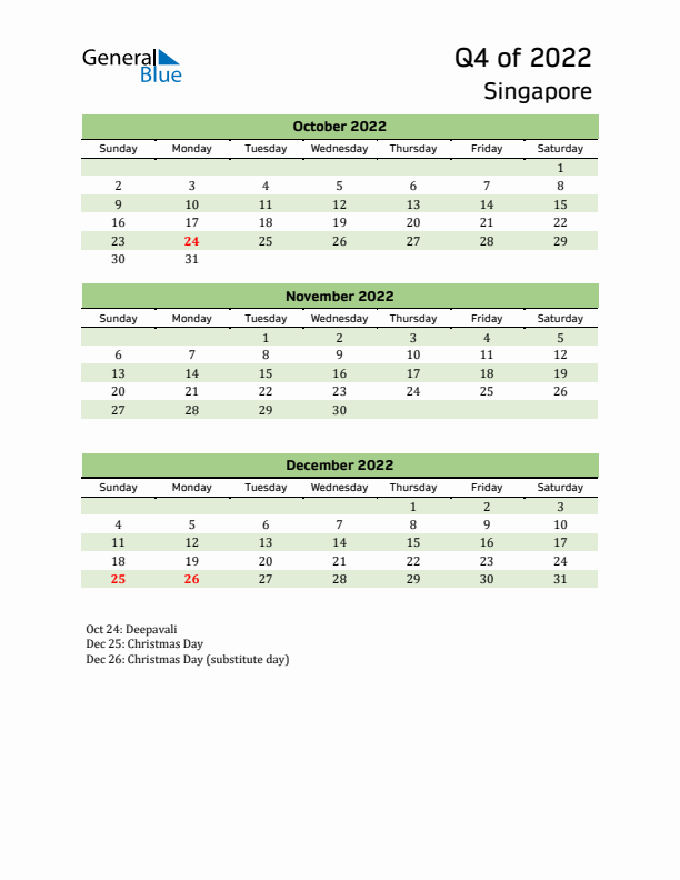 Quarterly Calendar 2022 with Singapore Holidays