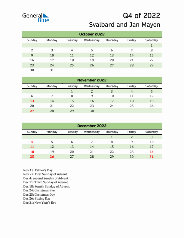 Quarterly Calendar 2022 with Svalbard and Jan Mayen Holidays