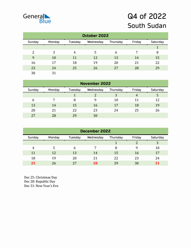 Quarterly Calendar 2022 with South Sudan Holidays