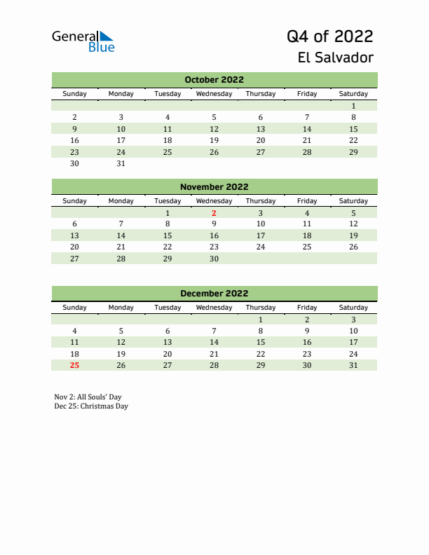 Quarterly Calendar 2022 with El Salvador Holidays