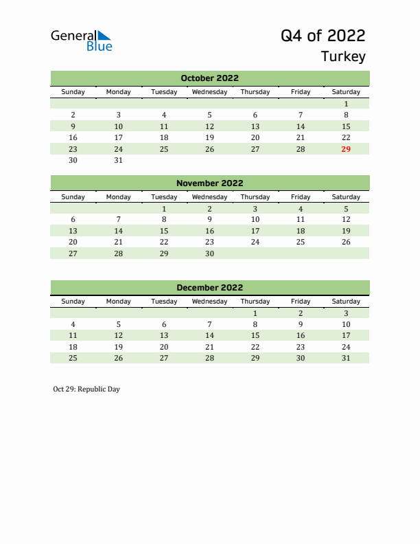 Quarterly Calendar 2022 with Turkey Holidays