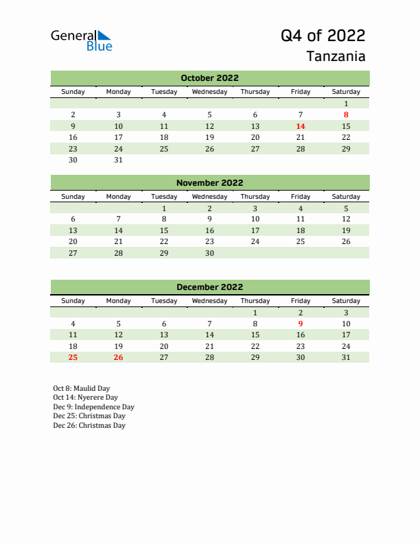 Quarterly Calendar 2022 with Tanzania Holidays