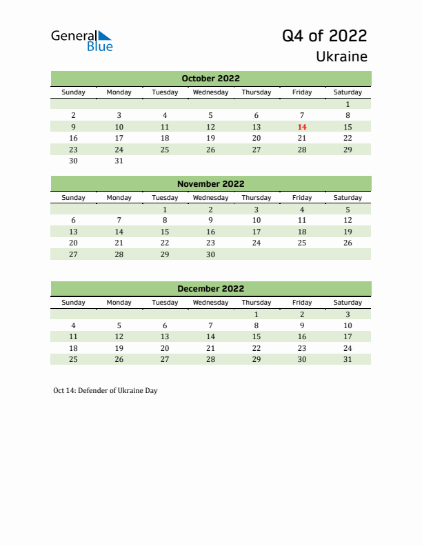 Quarterly Calendar 2022 with Ukraine Holidays