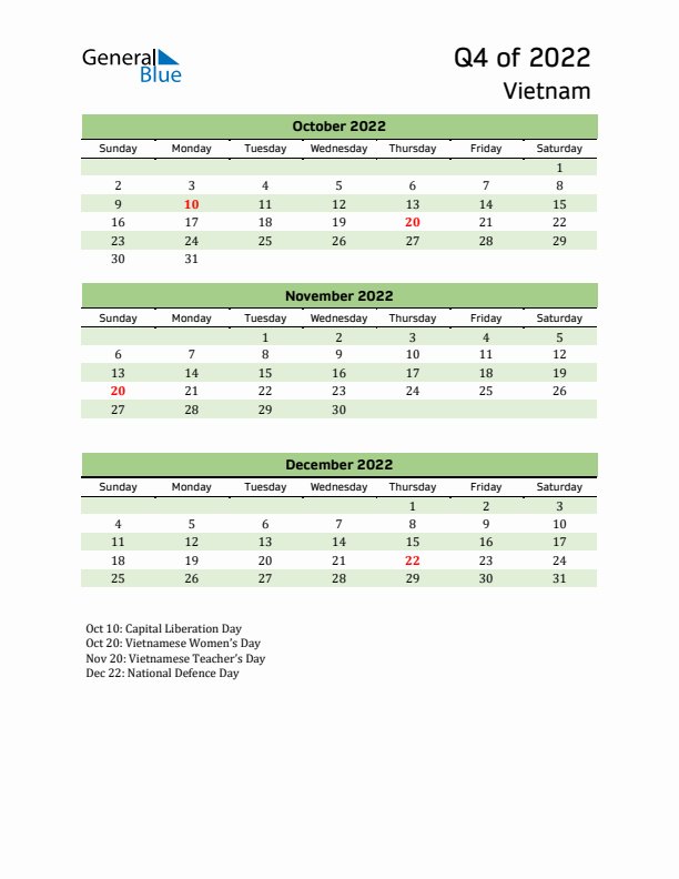 Quarterly Calendar 2022 with Vietnam Holidays