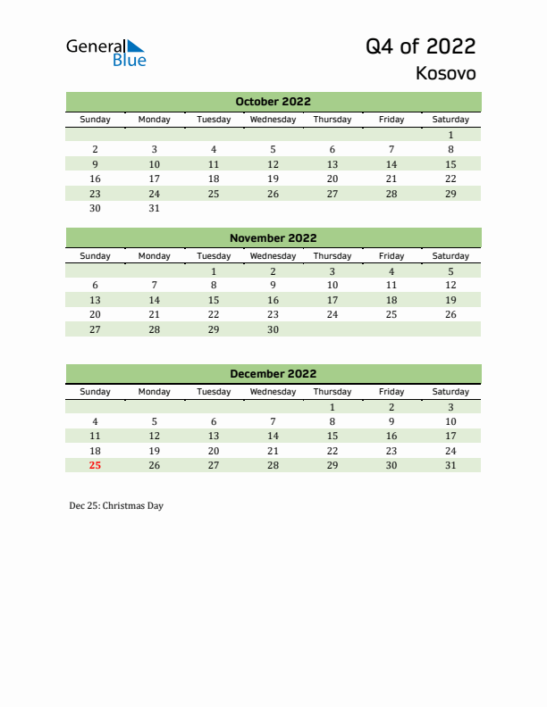 Quarterly Calendar 2022 with Kosovo Holidays