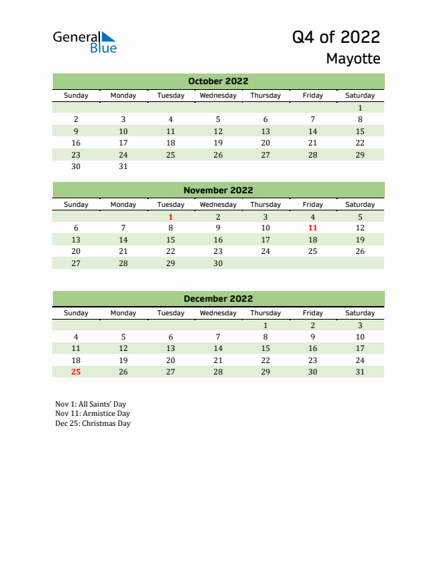 Quarterly Calendar 2022 with Mayotte Holidays