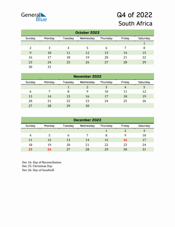 Quarterly Calendar 2022 with South Africa Holidays