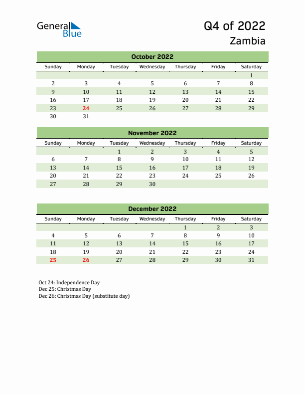 Quarterly Calendar 2022 with Zambia Holidays