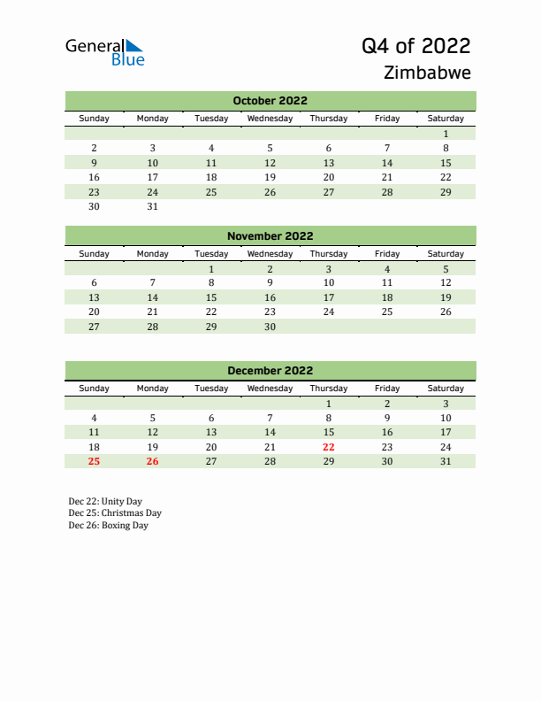 Quarterly Calendar 2022 with Zimbabwe Holidays