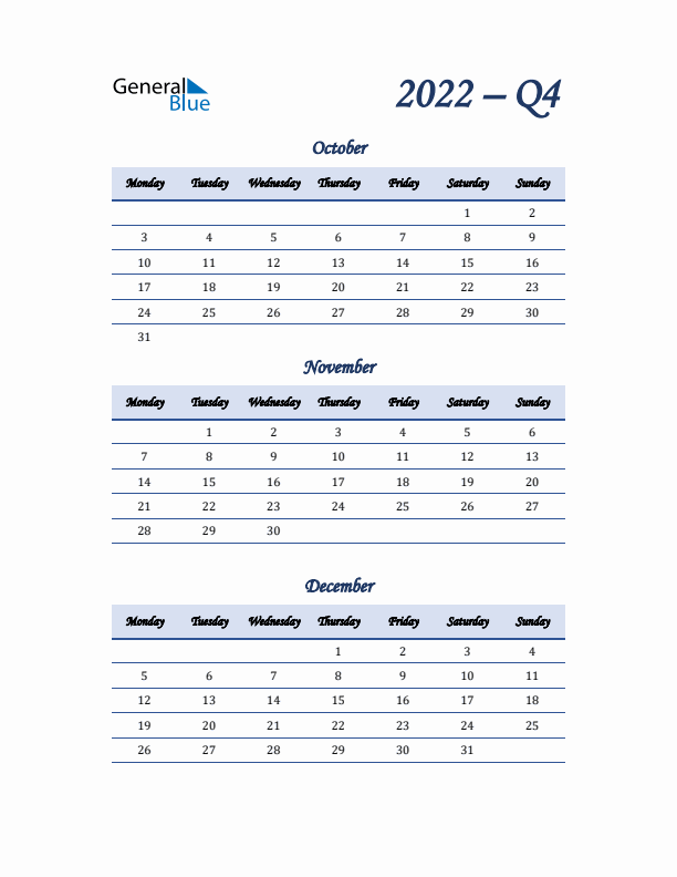 Monday Start 2022 Quarterly Calendar