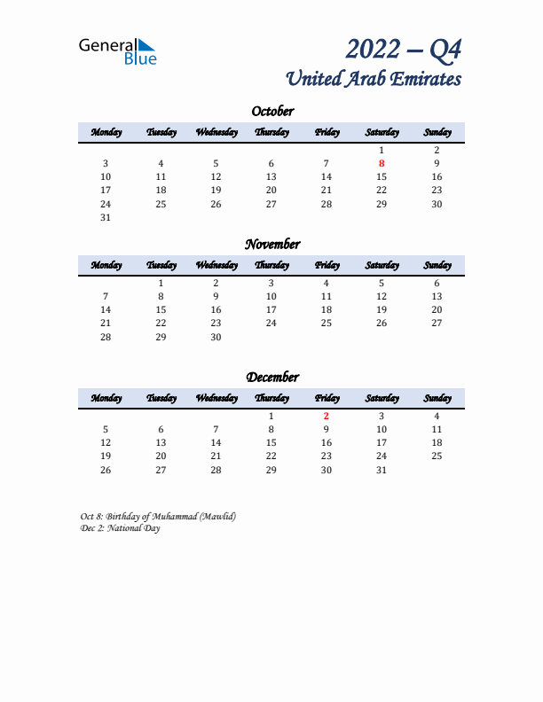 October, November, and December Calendar for United Arab Emirates with Monday Start