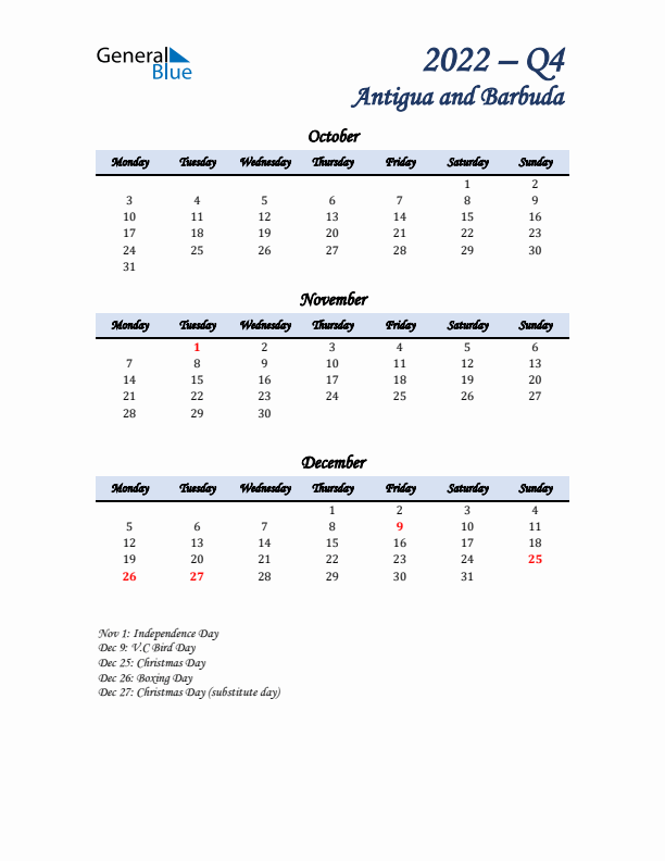 October, November, and December Calendar for Antigua and Barbuda with Monday Start