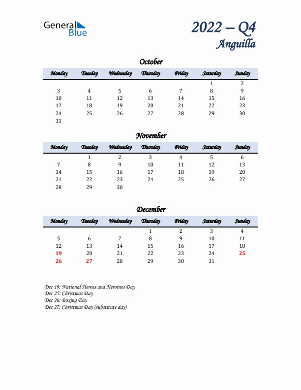 October, November, and December Calendar for Anguilla with Monday Start