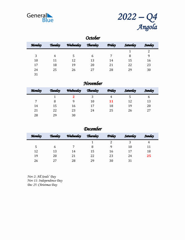 October, November, and December Calendar for Angola with Monday Start