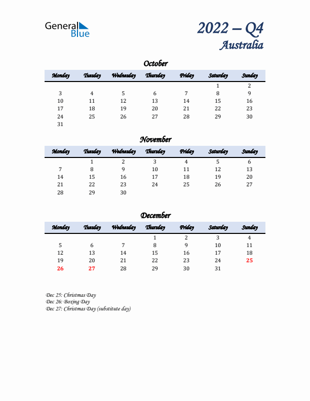 October, November, and December Calendar for Australia with Monday Start