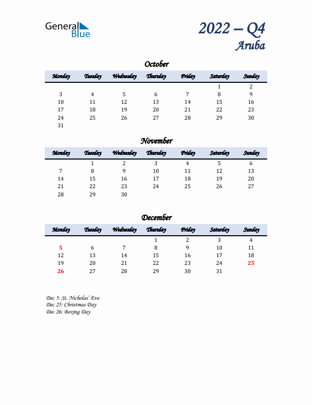 October, November, and December Calendar for Aruba with Monday Start