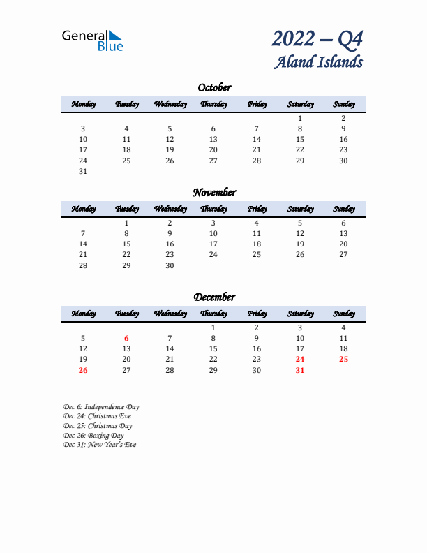 October, November, and December Calendar for Aland Islands with Monday Start