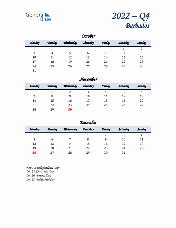 October, November, and December Calendar for Barbados with Monday Start