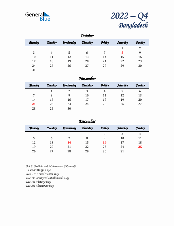 October, November, and December Calendar for Bangladesh with Monday Start