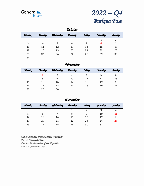 October, November, and December Calendar for Burkina Faso with Monday Start