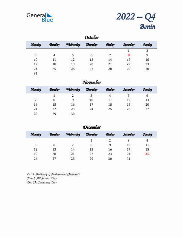 October, November, and December Calendar for Benin with Monday Start